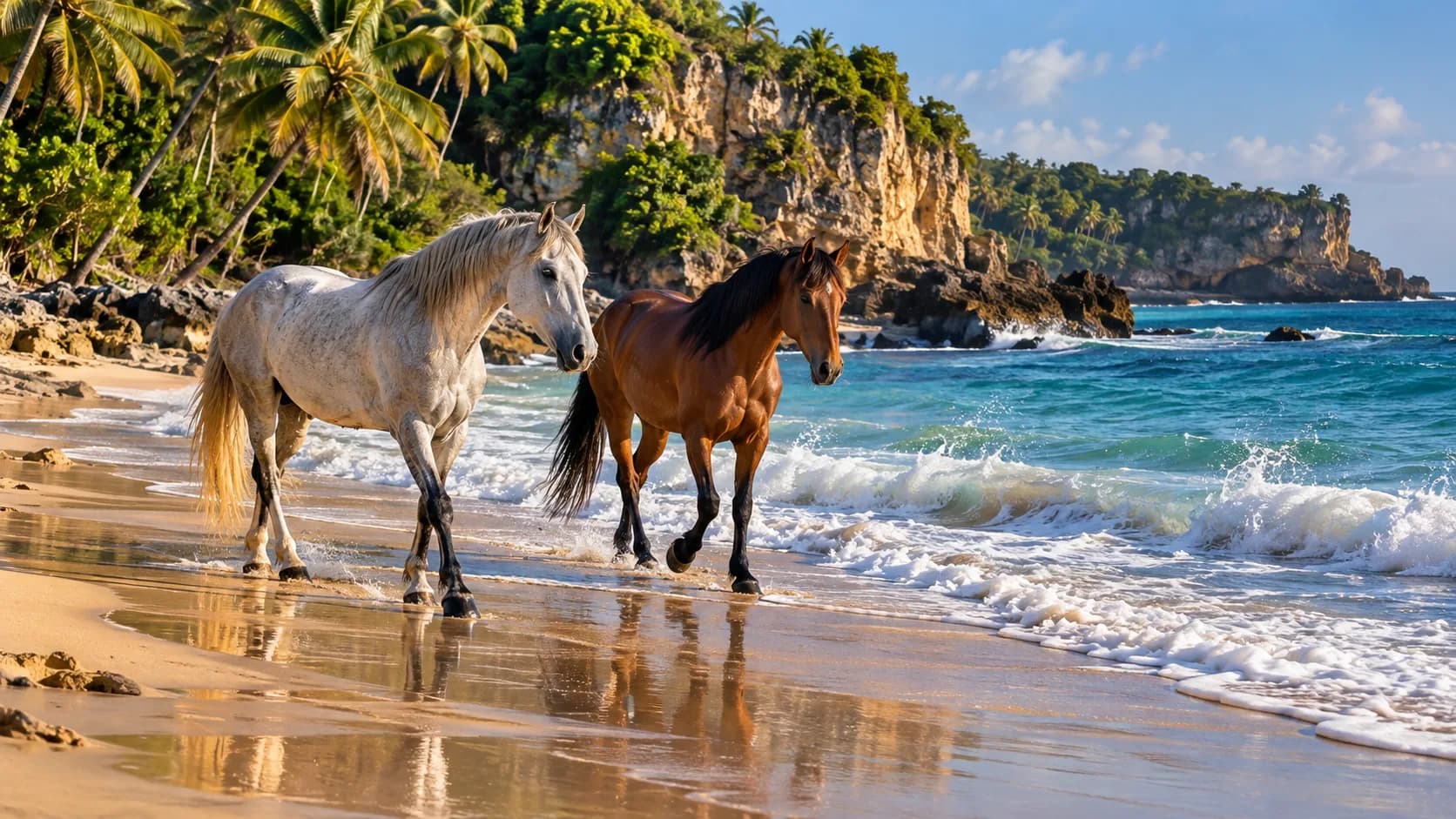 A grey horse and a bay horse walking side by side through the shallow surf on a tropical beach, with palm trees and cliffs behind them.